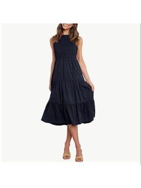 4our Dreamers Navy Blue Tiered Midi Dress Sleeveless Open Back XS